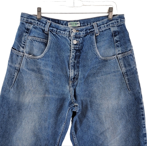 Vtg Guess Blue Jeans Men 34x29.5 Baggy Hi Rise Tapered Distressed USA 90s Grunge - Picture 7 of 15